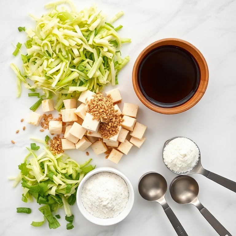 Fresh green cabbage, firm tofu, sesame oil, rice vinegar, toasted sesame seeds, all-purpose flour, and soy sauce arranged on white marble with bamboo prep bowls and stainless steel measuring spoons
