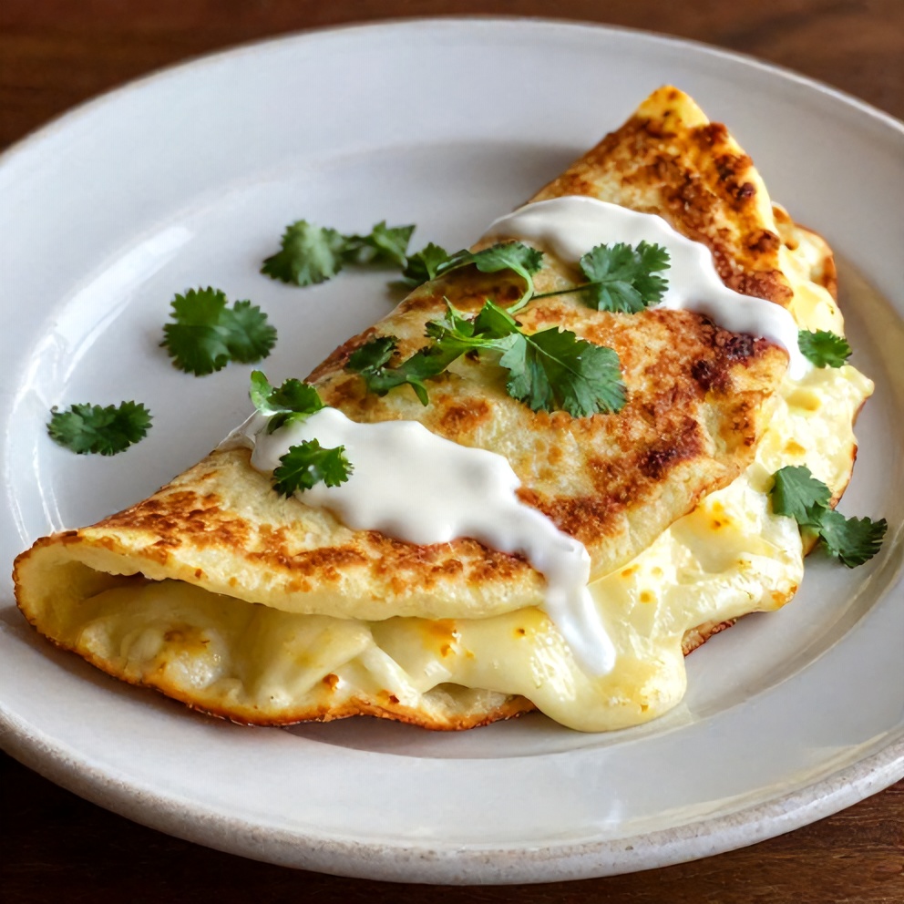 Single Venezuelan cachapa folded over melted mozzarella on a rustic ceramic plate, garnished with fresh cilantro sprigs and a drizzle of crema