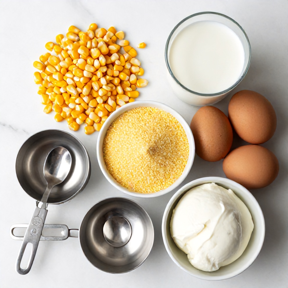 Fresh corn kernels, yellow cornmeal, whole milk, eggs, mozzarella cheese, salt, and butter arranged on white marble with stainless steel measuring cups and spoons