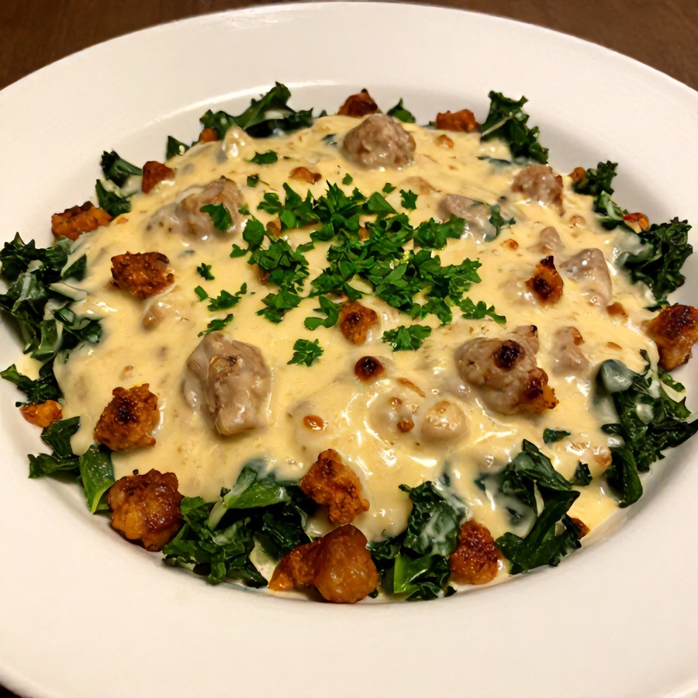 Plated serving of zuppa toscana casserole garnished with fresh parsley on a white ceramic plate