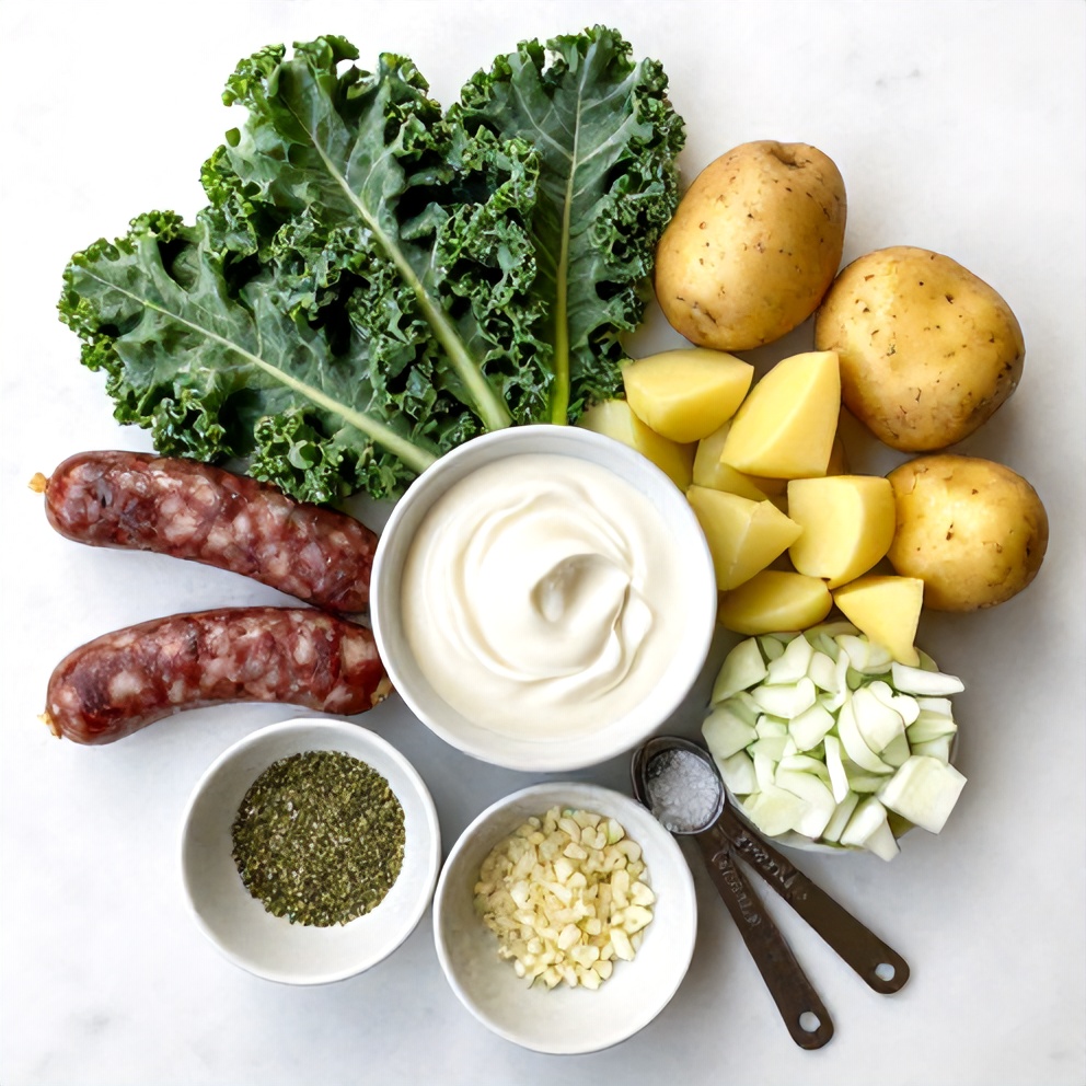 Overhead flat lay of zuppa toscana casserole raw ingredients with sausage, kale, potatoes, onions, and cream on white marble surface