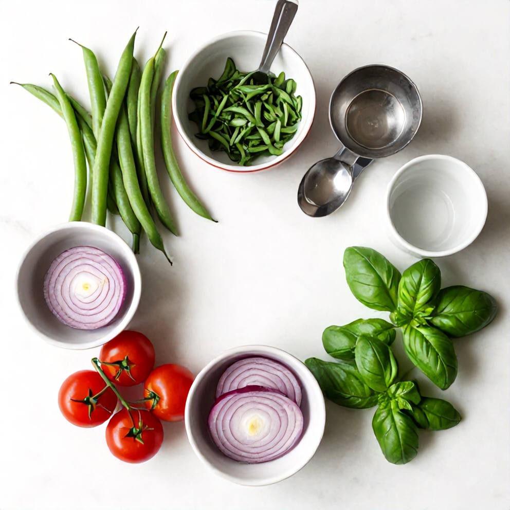 Raw ingredients for Fresh Green Bean and Tomato Salad