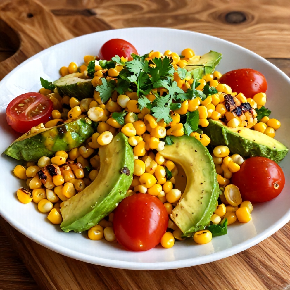 Plated Fresh Grilled Corn Avocado Salad with Cherry Tomatoes