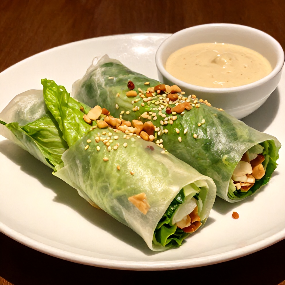 Plated fresh lettuce wrapped veggie spring rolls with almond dip