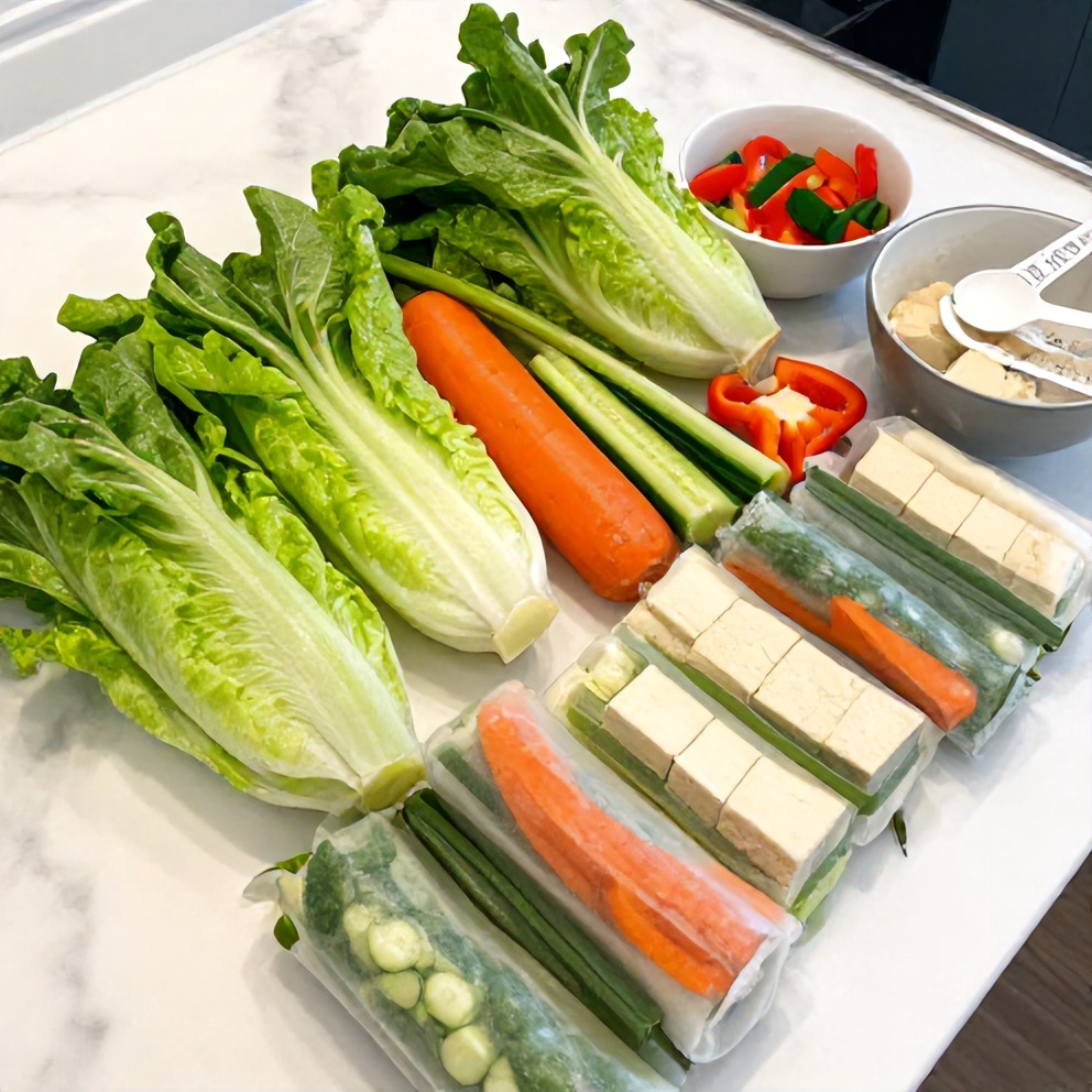 Raw ingredients for fresh lettuce wrapped veggie spring rolls on a marble counter