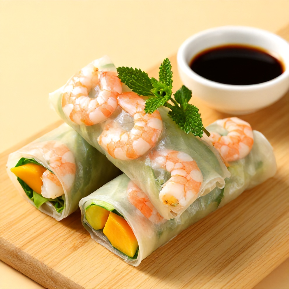 Plated Fresh Mango Shrimp Summer Roll on a light wooden surface