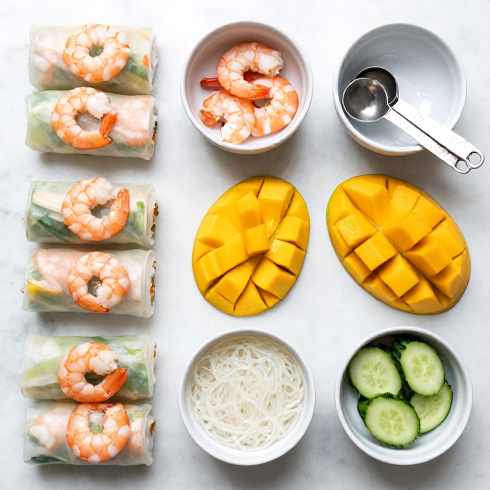 Raw ingredients for Fresh Mango Shrimp Summer Rolls on a white marble surface