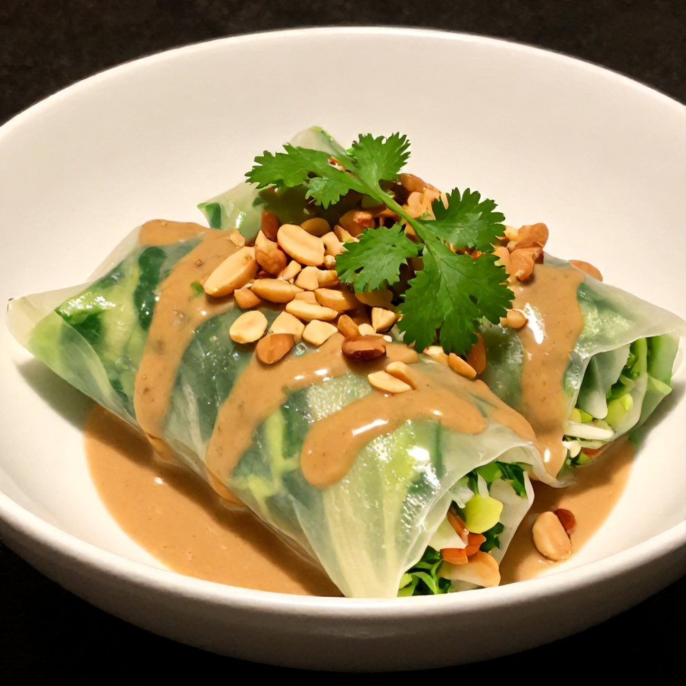 Plated fresh spring roll bowl garnished with cilantro and crushed peanuts