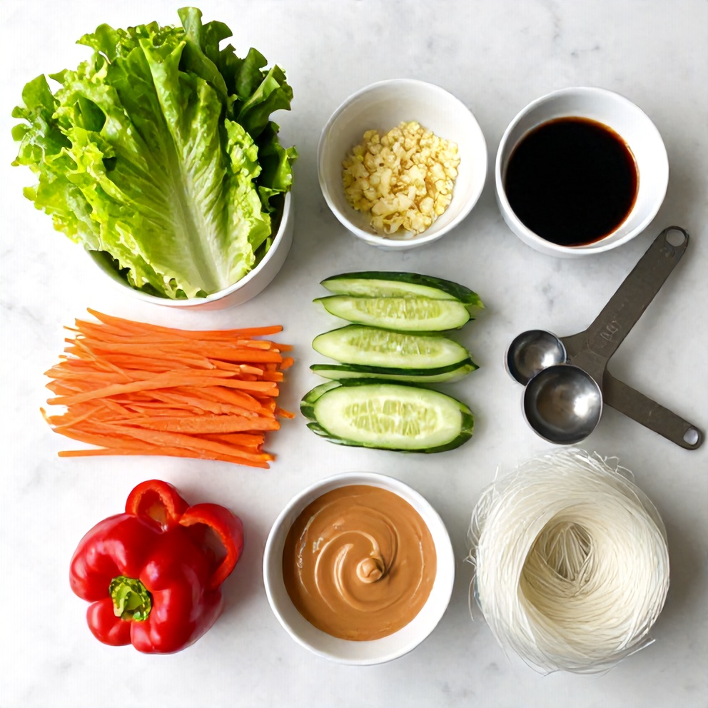 Raw ingredients for fresh spring roll bowl including fresh vegetables and peanut sauce