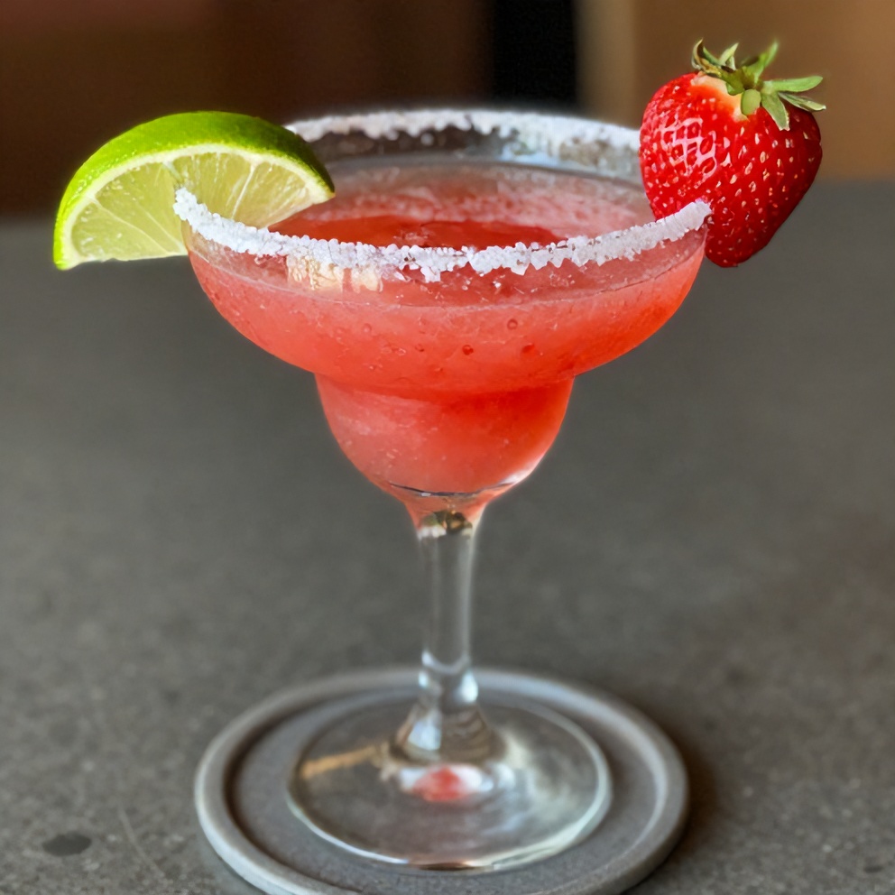 Fresh strawberry margarita served in rocks glass with salted rim, lime wedge and whole hulled strawberry resting on the rim, frosty glass surface, shallow depth of field, natural side lighting