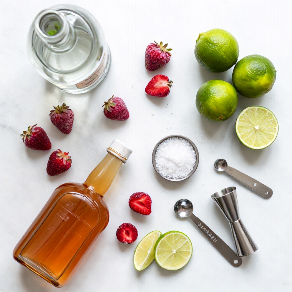 Fresh strawberries, silver tequila, fresh lime juice, orange liqueur, agave nectar, lime wedges, coarse sea salt, ice cubes, measuring jiggers and spoons arranged on white marble surface