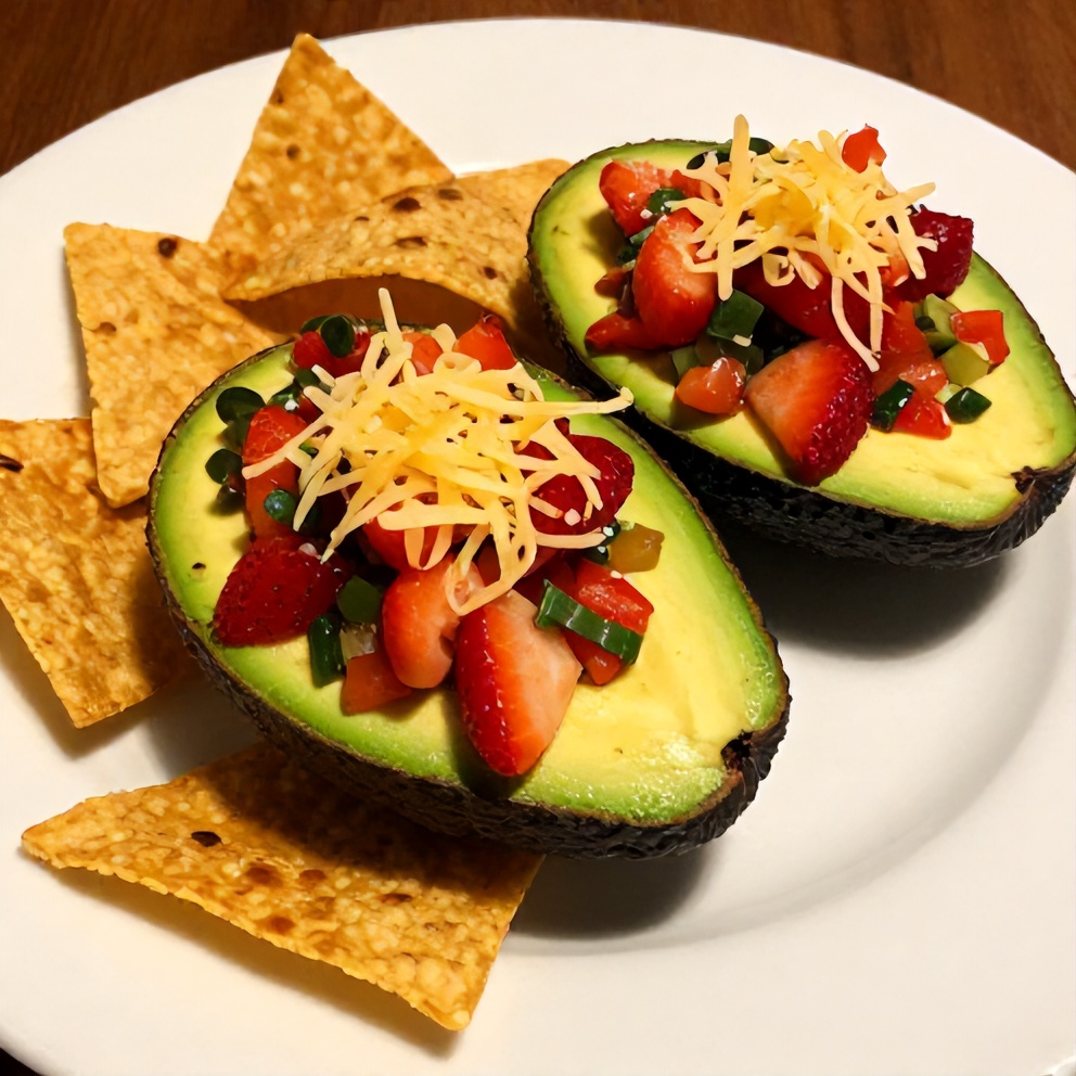 Plated serving of Fresh Strawberry Salsa Stuffed Avocados on a white plate