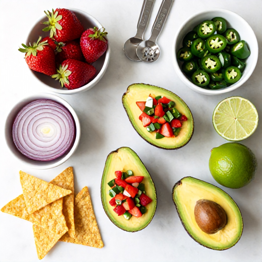 Raw ingredients for Fresh Strawberry Salsa Stuffed Avocados on a white marble surface