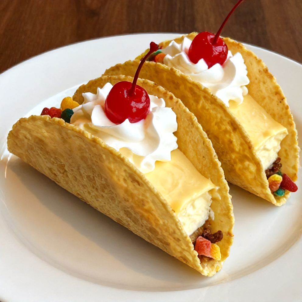 Plated serving of Fruity Pebbles Cheesecake Tacos