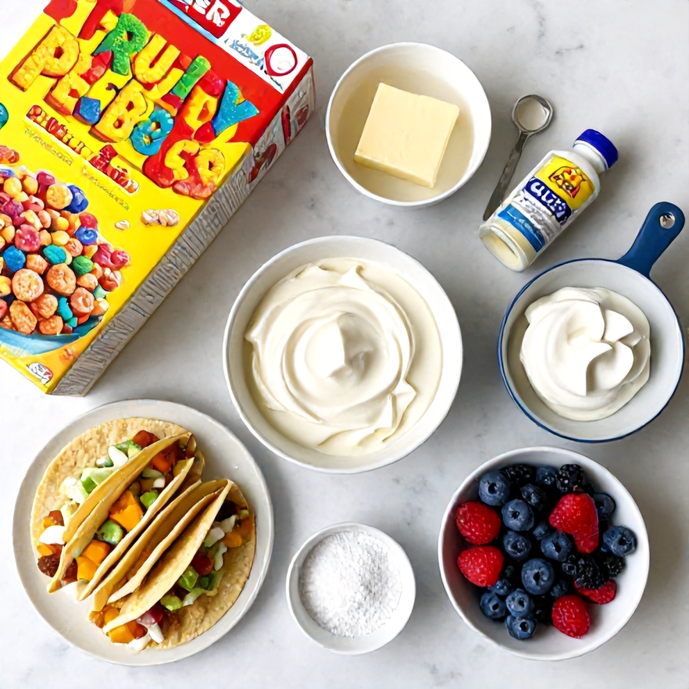 Ingredients for Fruity Pebbles Cheesecake Tacos laid out
