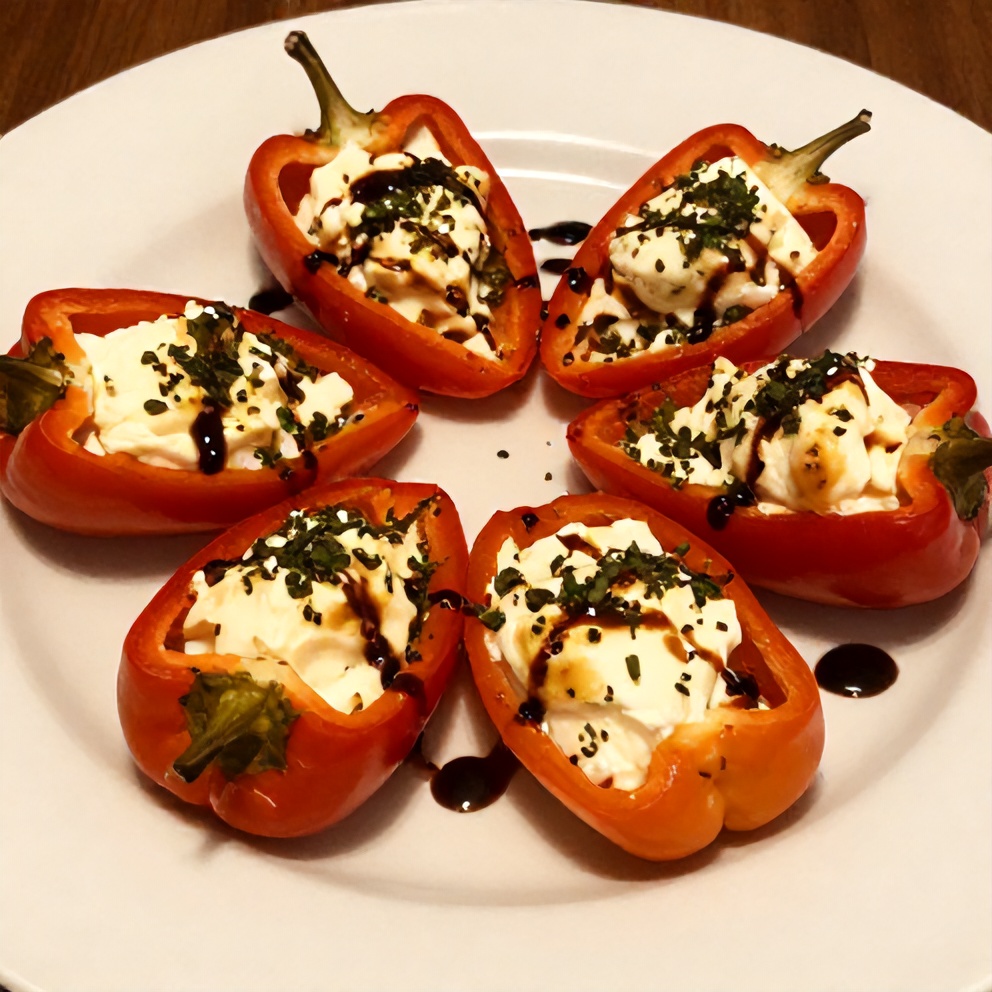 Plated goat cheese stuffed mini peppers on a white plate