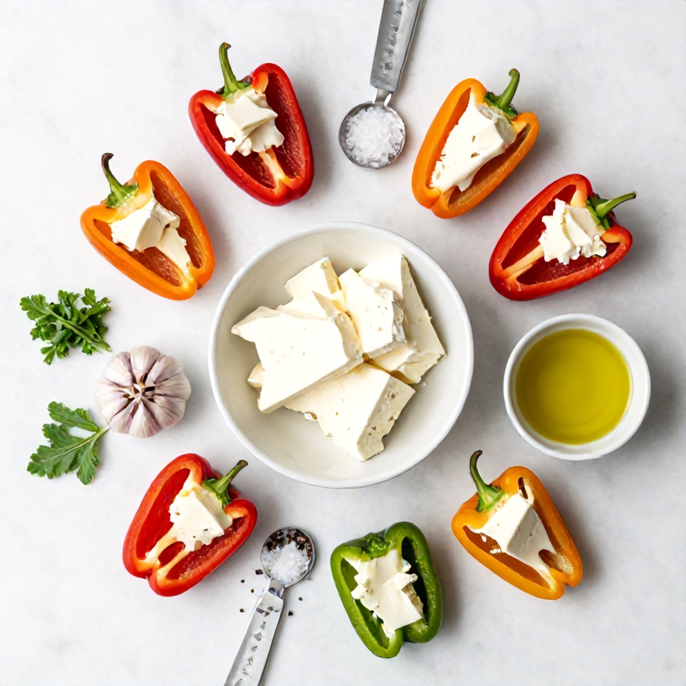 Raw ingredients for goat cheese stuffed mini peppers on a white marble surface