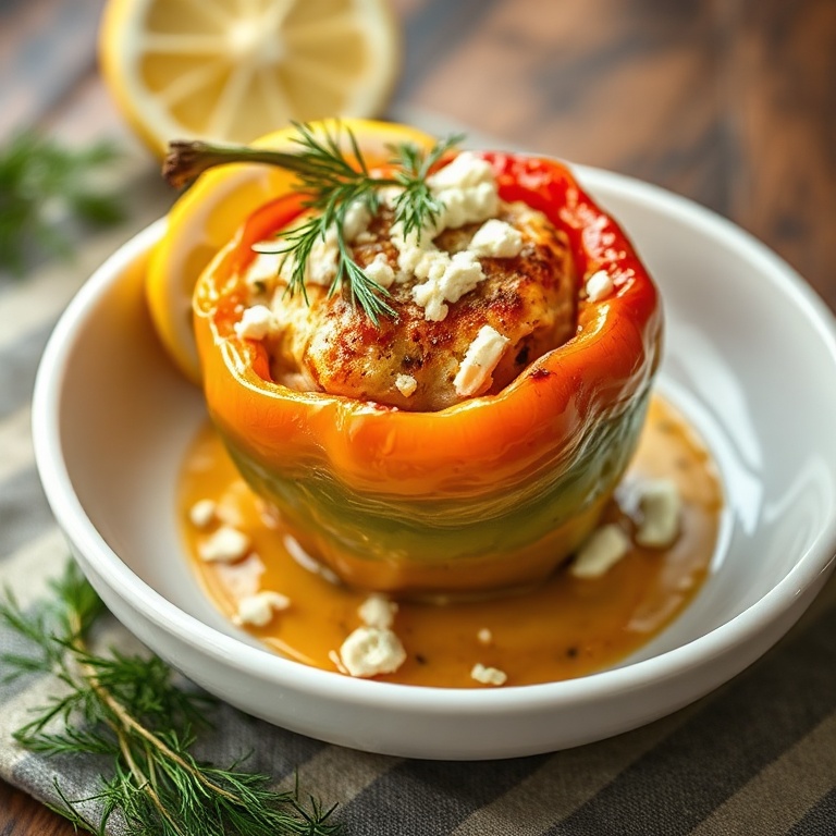One plated Greek chicken stuffed pepper on a white ceramic bowl, garnished with fresh dill sprigs and a lemon wedge.