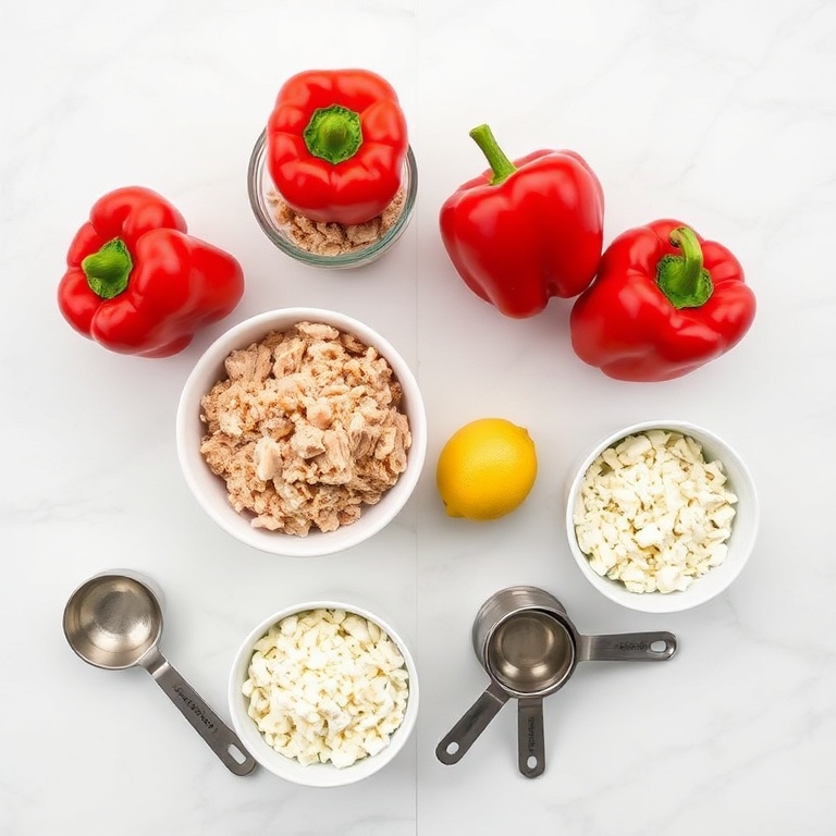 Overhead flat lay of red bell peppers, ground chicken, long grain white rice, crumbled feta cheese, dried oregano, lemon wedges, olive oil, garlic cloves, and diced red onion.