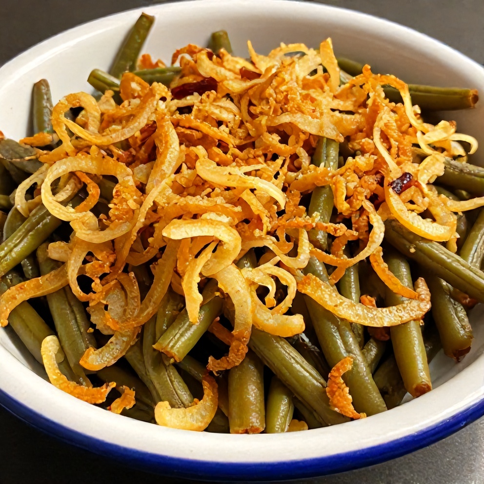 Baked green bean casserole with golden, crispy onions