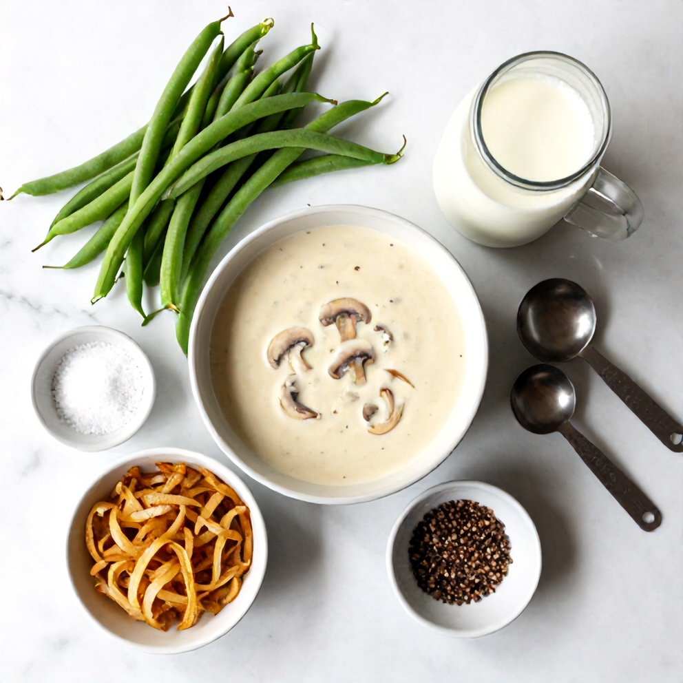 Green beans, cream of mushroom soup, milk, crispy onions, salt, pepper