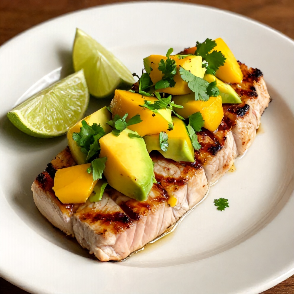 Single plated grilled tuna steak topped with mango avocado salsa on white round plate garnished with cilantro