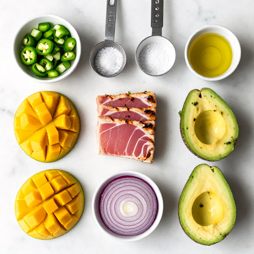 Overhead flat lay of raw tuna steaks mango avocado onion cilantro lime and chili with prep bowls on white marble