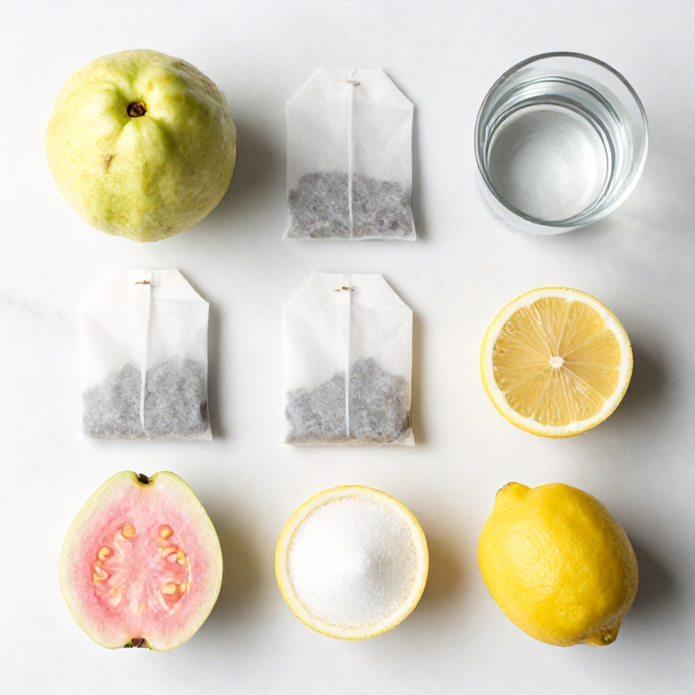 Guava, white tea bags, lemons, sugar, and water arranged on a white marble surface