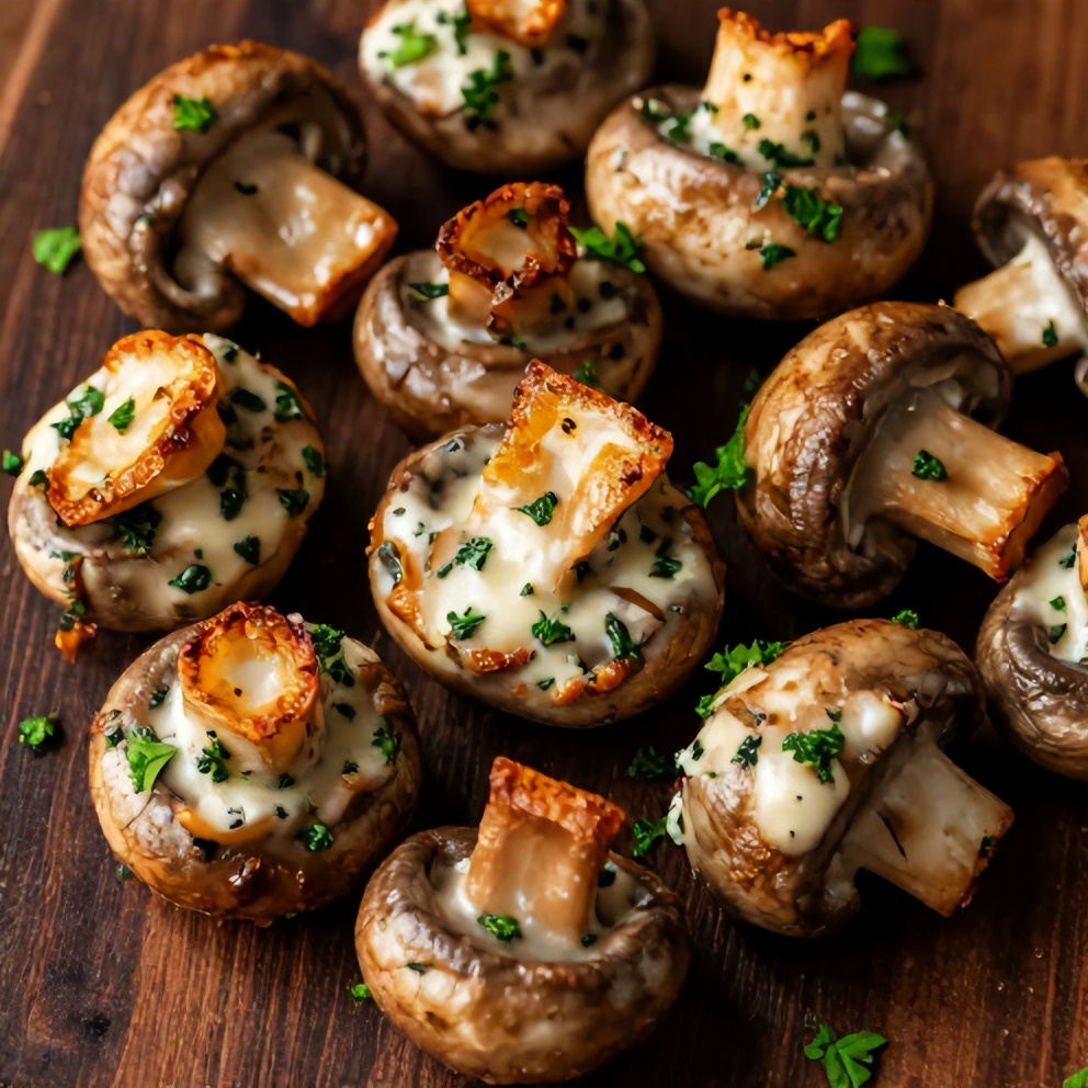 One perfect serving of Herb Butter Sautéed Mushrooms plated on a dark wooden surface, garnished with fresh parsley.