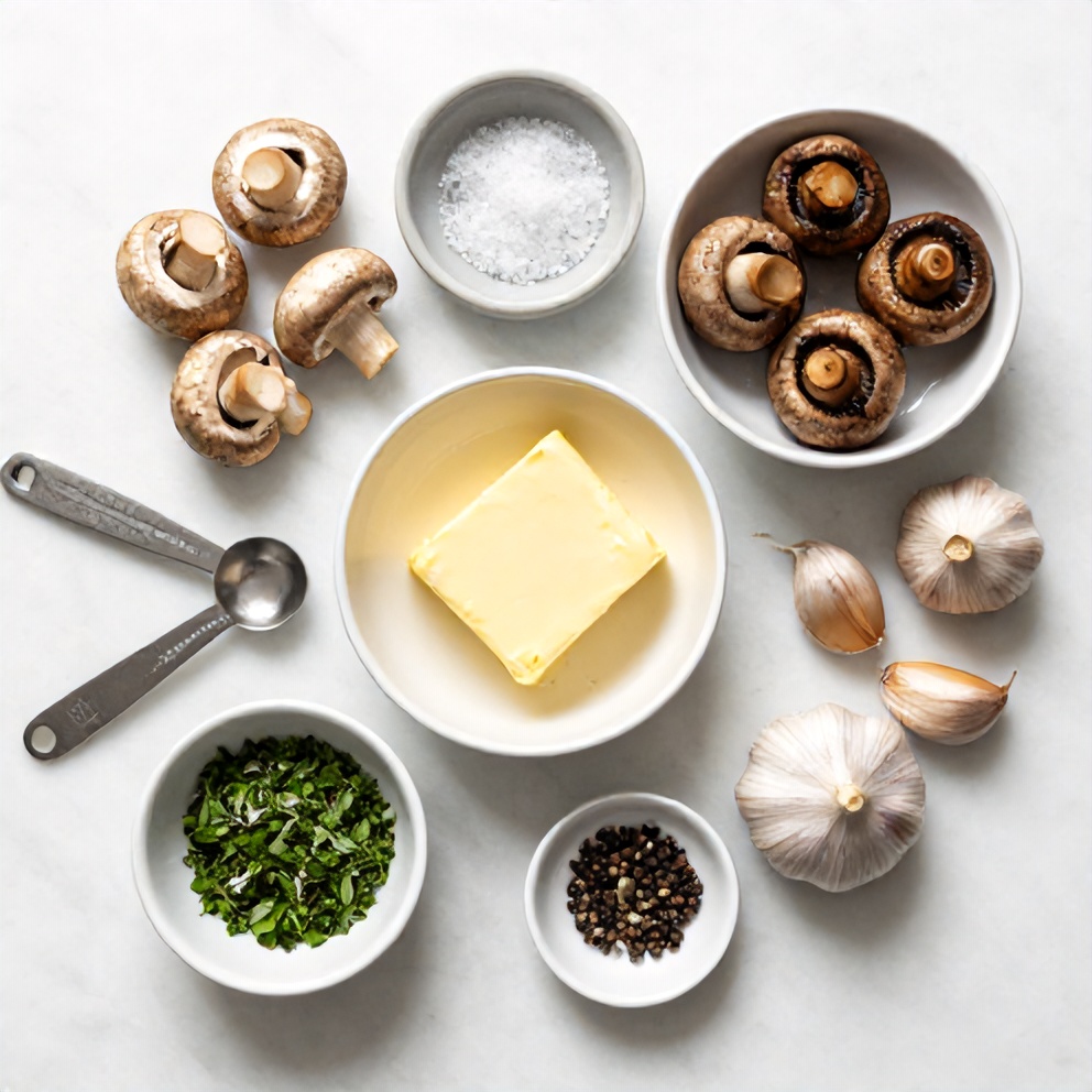 Raw ingredients for Herb Butter Sautéed Mushrooms, including mushrooms, butter, garlic, herbs, and salt, arranged in a flat lay on a white marble surface.