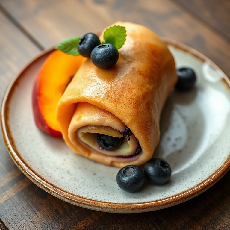 One coiled homemade blueberry peach fruit roll-up on rustic ceramic plate with fresh blueberry garnish and peach wedge beside it