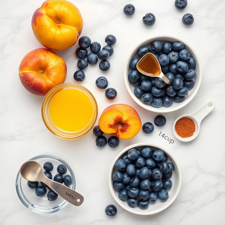 Overhead flat lay of fresh blueberries, ripe yellow peaches, lemon juice in small glass, honey in ceramic spoon, pinch of cinnamon in tiny bowl on white marble