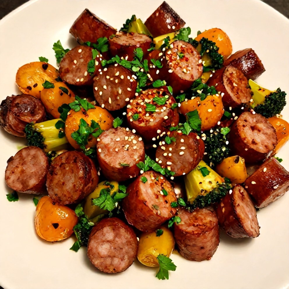 Honey Garlic Kielbasa and Veggies Dinner Plated
