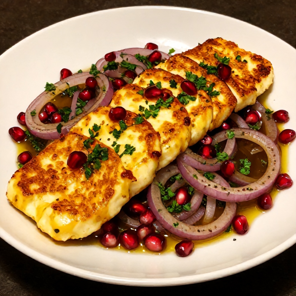 Plated hot honey halloumi salad with sumac onions