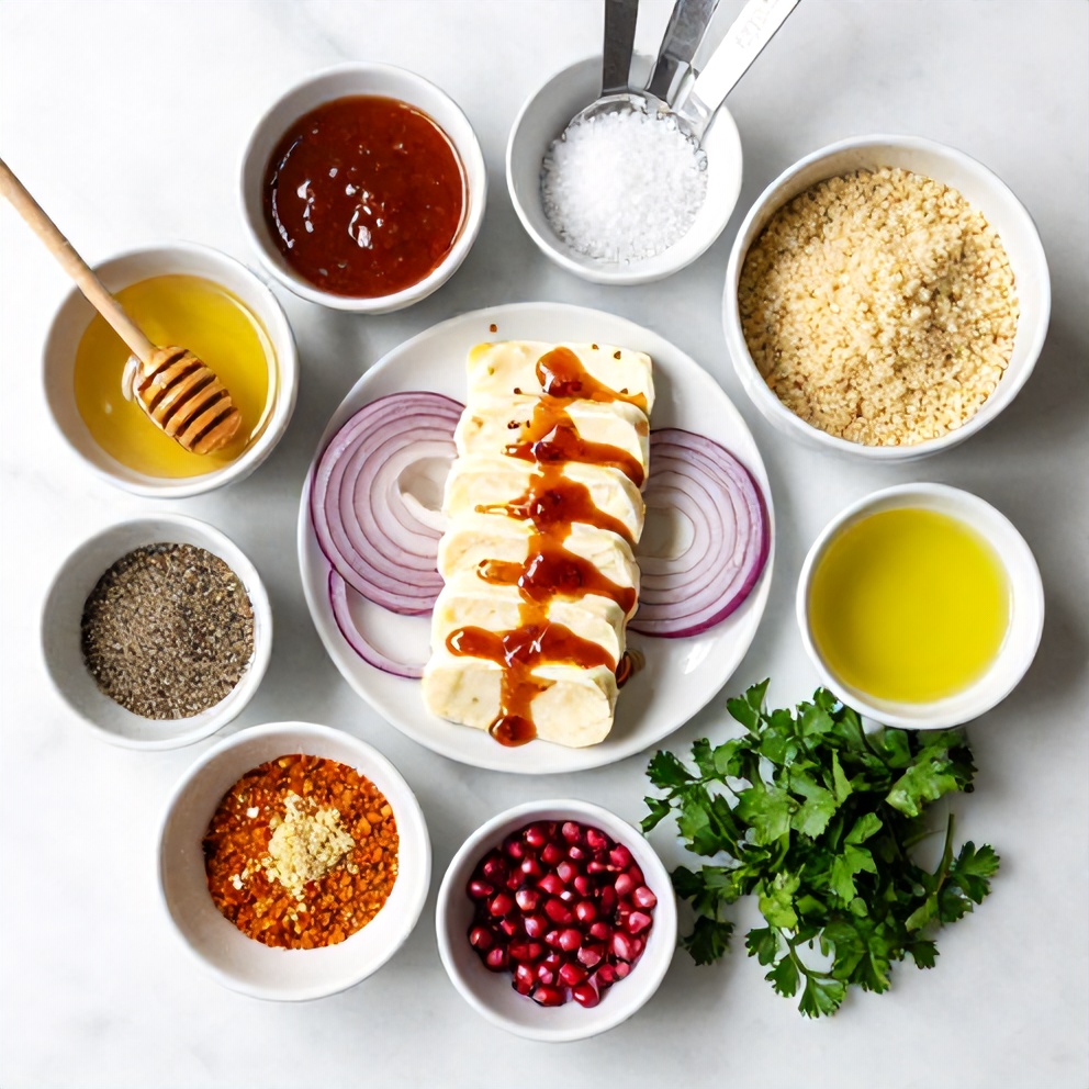 Raw ingredients for hot honey halloumi salad