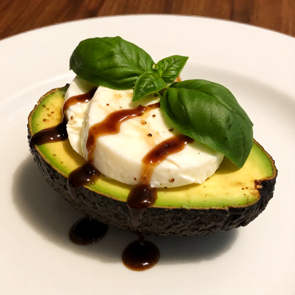 Plated Keto Caprese Stuffed Avocado Bite on a white plate