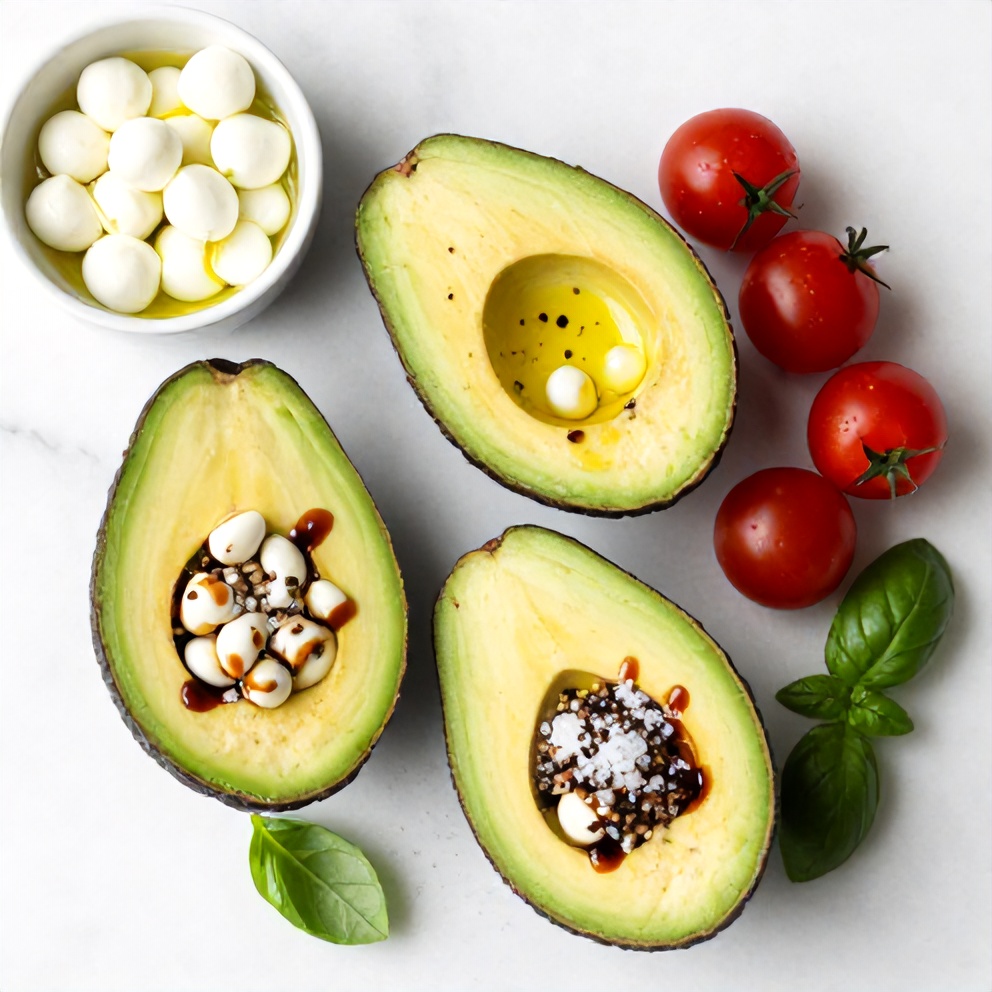 Raw ingredients for Keto Caprese Stuffed Avocado Bites on a white marble surface