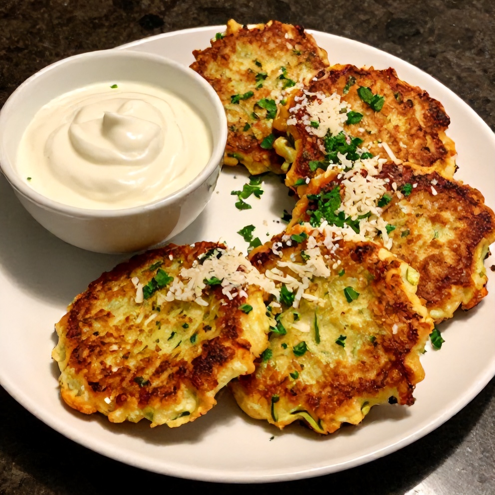 Plated keto zucchini parmesan fritters with sour cream dip