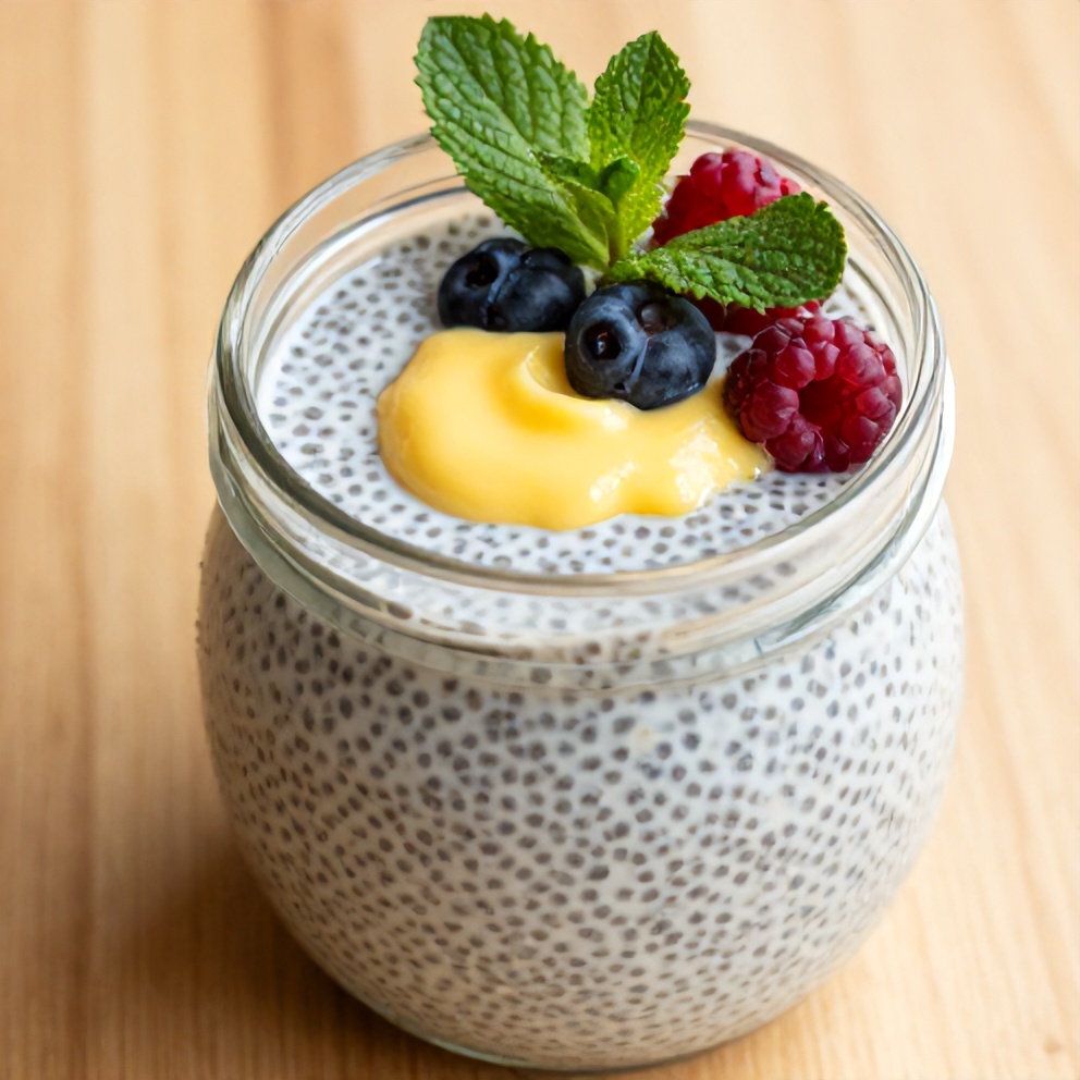 Lemon Curd Chia Pudding served in a glass jar with a lemon slice