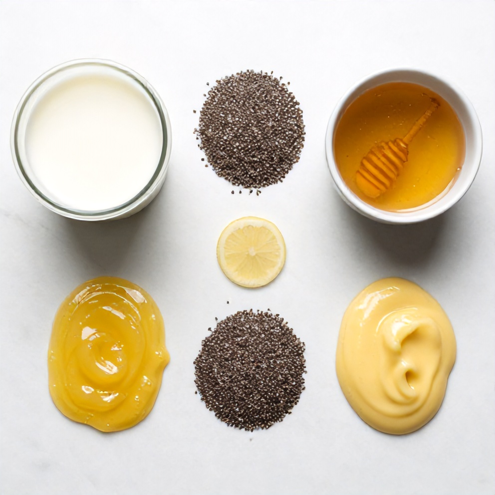 Chia seeds, lemon curd, almond milk, honey, and a bowl on a wooden surface