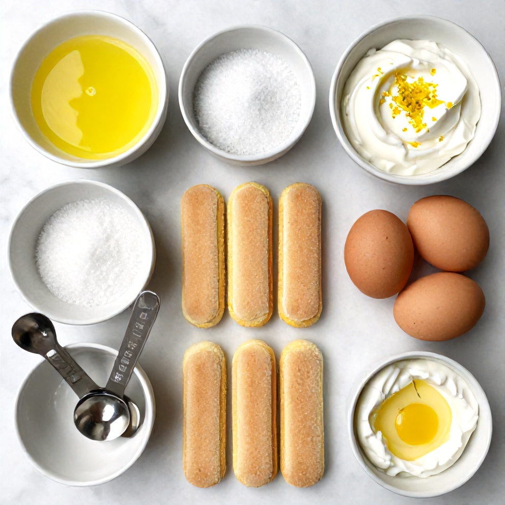 Lemon Tiramisu ingredients including ladyfingers, mascarpone cheese, lemon juice, and sugar