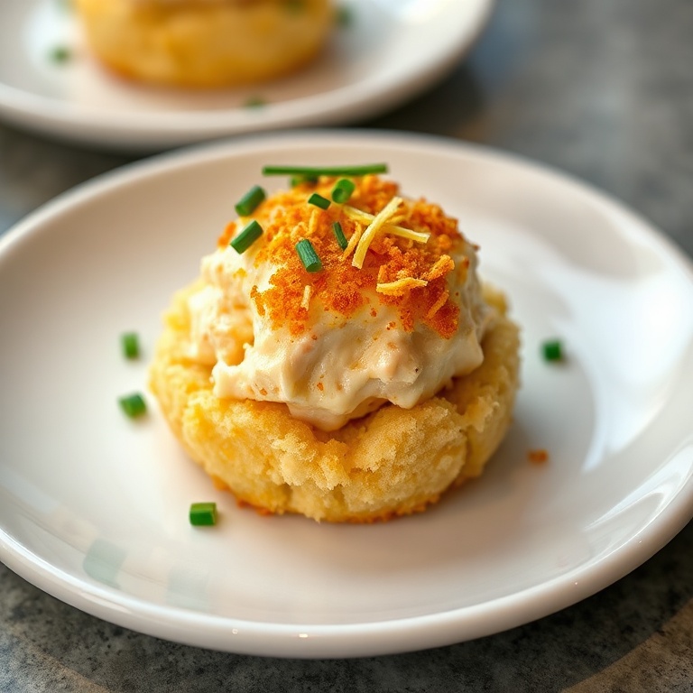One perfectly plated lobster crab butter bomb on white ceramic appetizer plate, garnished with fresh chives and lemon zest, warm side lighting highlighting crispy golden exterior and creamy interior