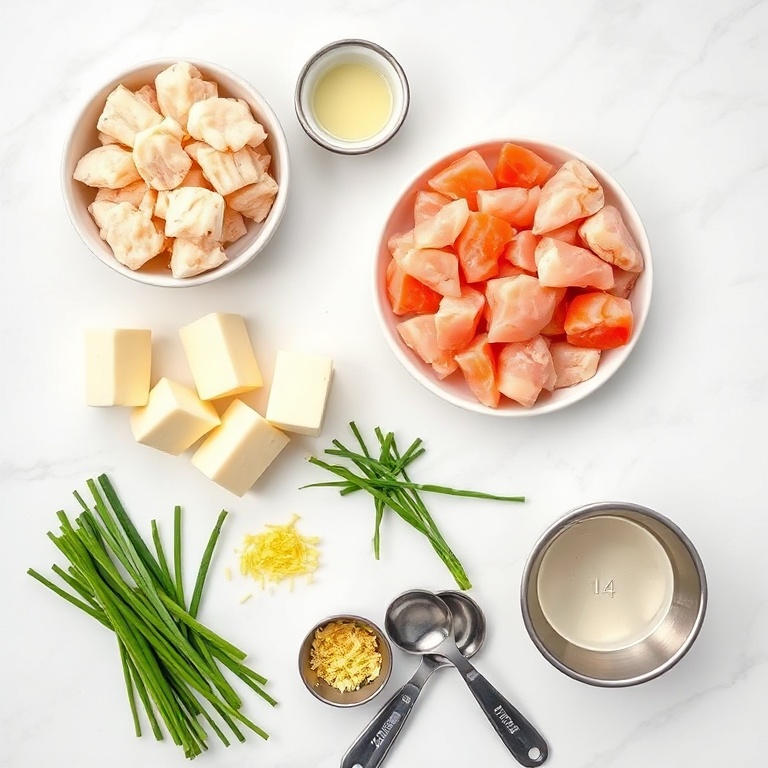 Overhead flat lay of raw ingredients: fresh cooked lobster meat, lump crab meat, unsalted butter, fresh chives, lemon zest, small prep bowls, stainless steel measuring spoons on white marble surface