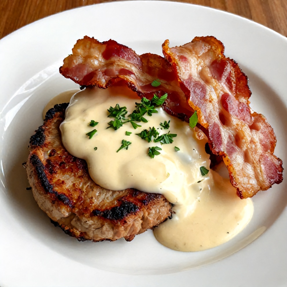 Plated Maple Bacon Pork Chops with Creamy Dijon Sauce