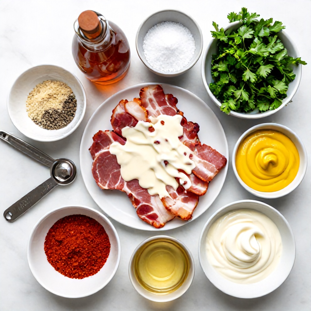 Raw ingredients for Maple Bacon Pork Chops with Creamy Dijon Sauce