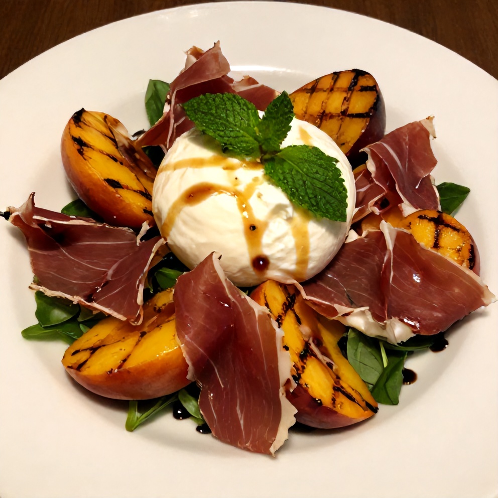 Mediterranean Grilled Peach and Prosciutto Salad with Burrata on a Platter