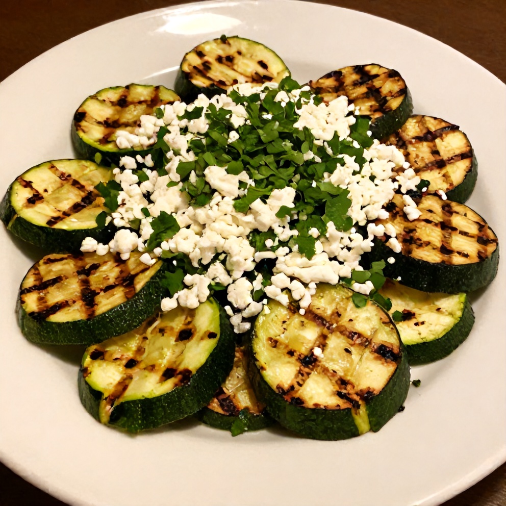 Plated Mexican Street Corn Style Grilled Zucchini garnished with chopped cilantro and crumbled cotija cheese on a white plate