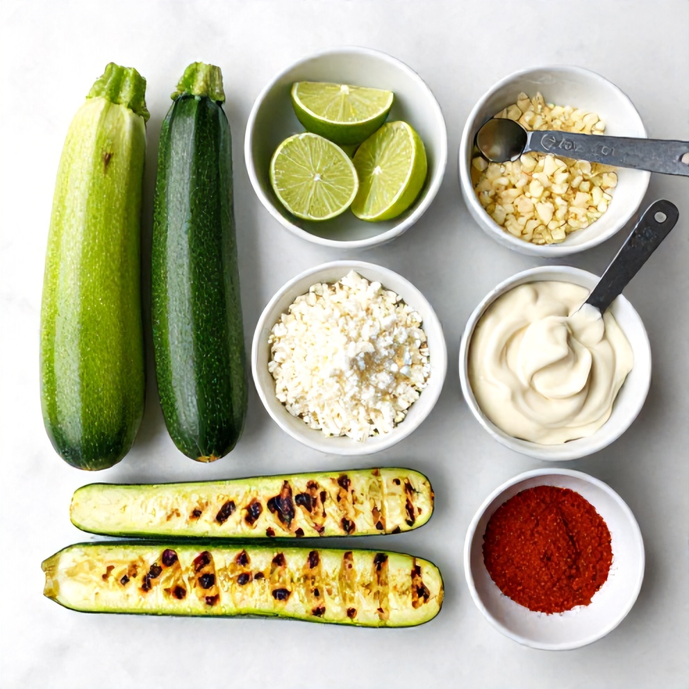 Overhead view of fresh zucchini, lime, cotija cheese, chili powder, mayonnaise, and cilantro arranged with measuring spoons on a marble surface