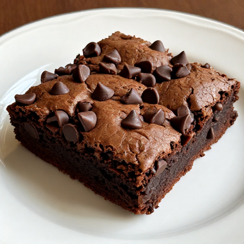 One serving of moist banana bread brownie garnished with extra chocolate chips on a white ceramic plate with warm side lighting