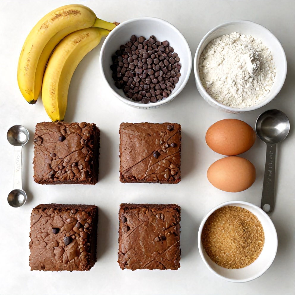 Overhead flat lay of ripe bananas, chocolate chips, flour, eggs, and brown sugar with measuring cups and spoons on a white marble surface